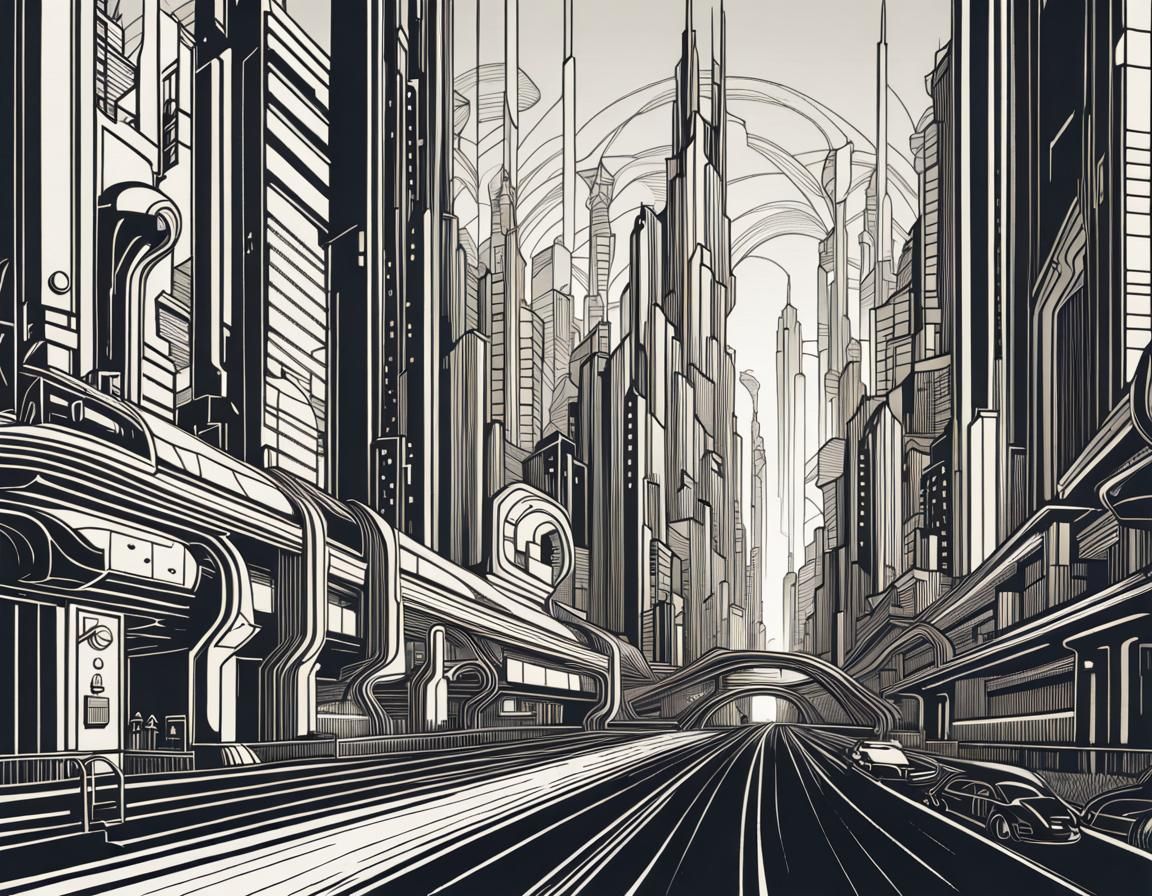 Art Deco Futuristic City Street Line Art