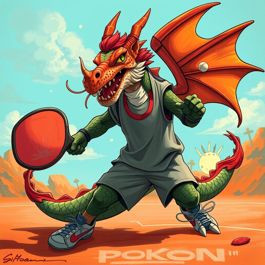 Dragon Plays Pickleball in Vibrant Fantasy Art Style