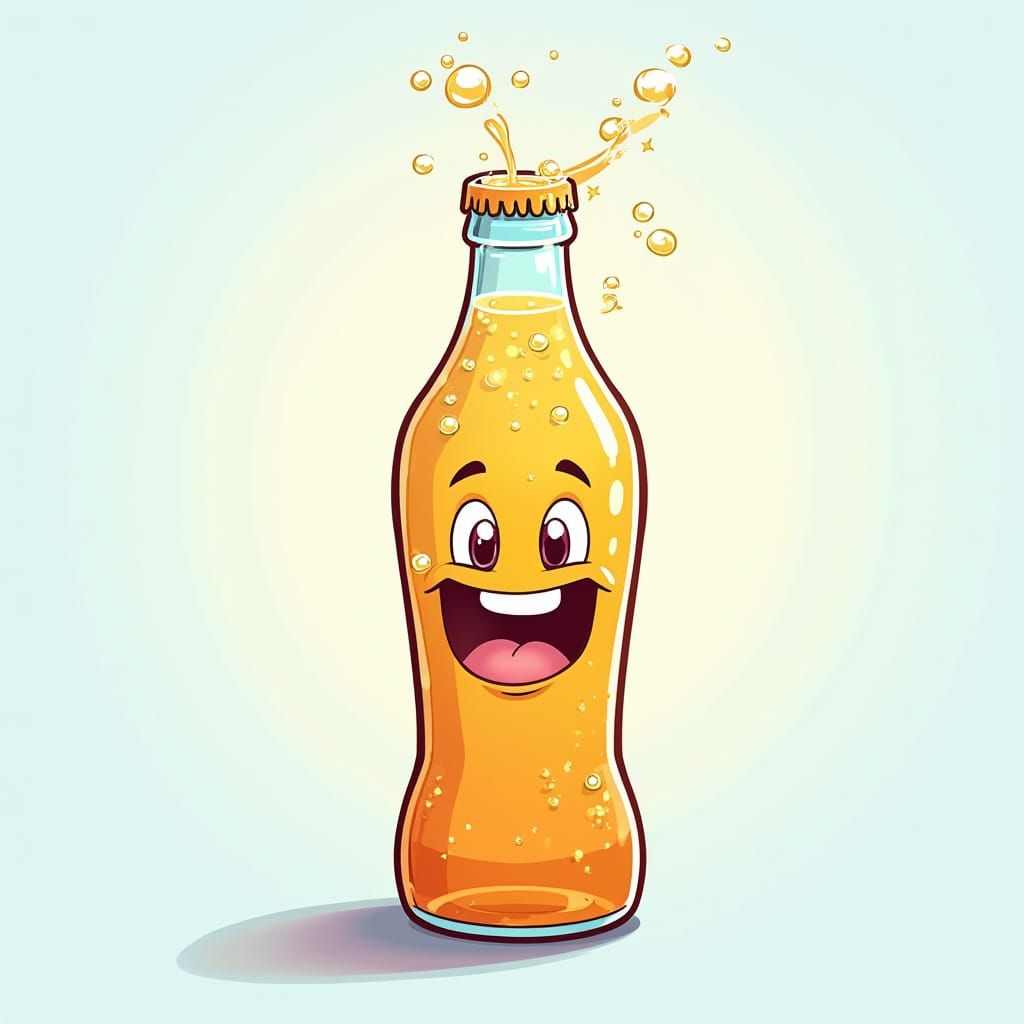 Happy Soda Bottle Cartoon in 90s Style
