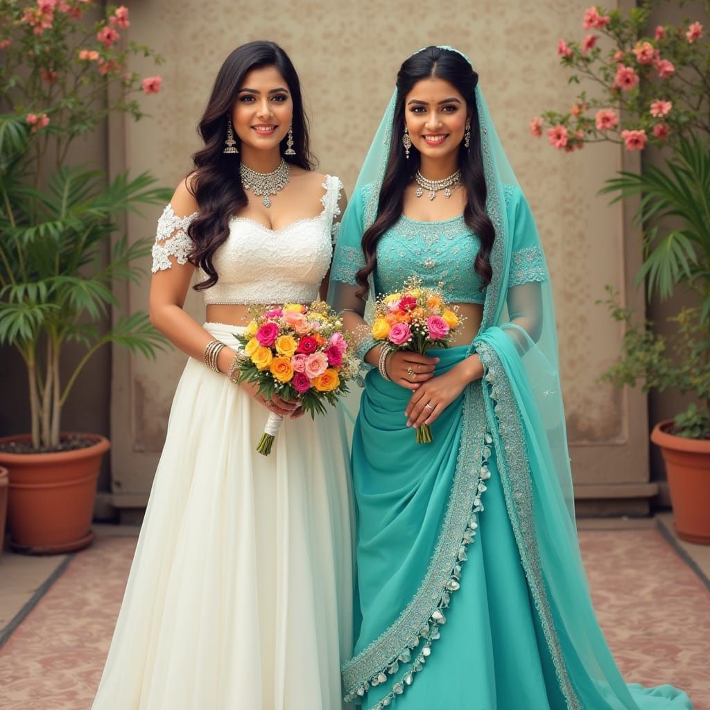 Brides in Traditional and Turquoise Attire, Kochi Backdrop