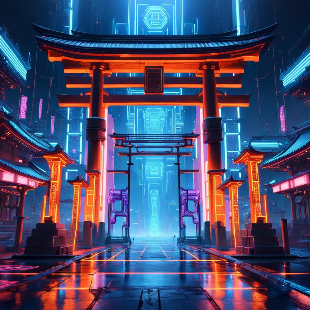 Neon Japanese Gate in Cyberpunk Style