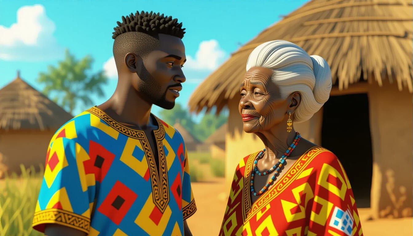 African Couple in Ankara Outside Village Hut