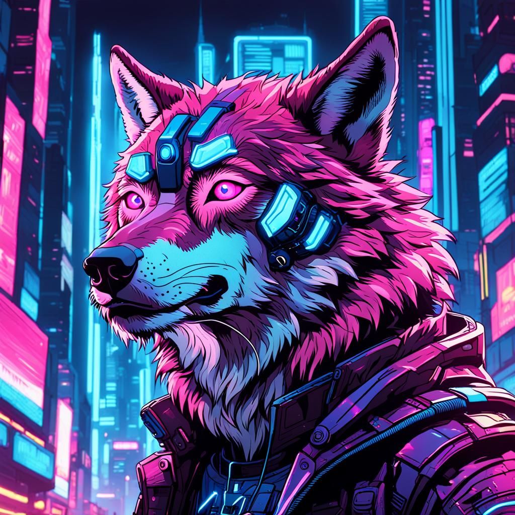 Cyberpunk Wolf Prowls Neon City in Comic Style