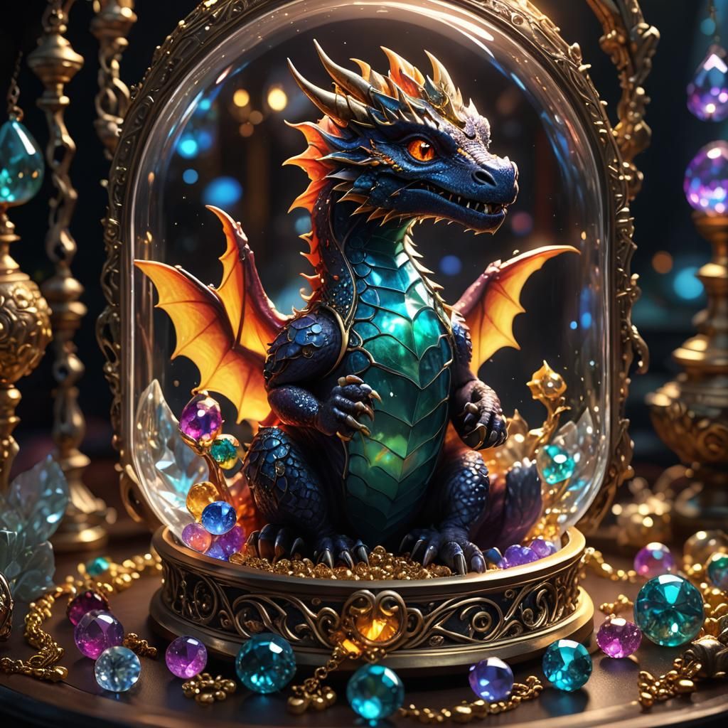 Miniature Dragon in Jewelry Box, Detailed Matte Painting