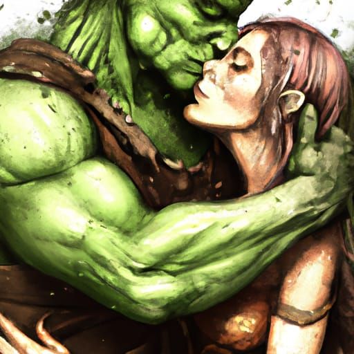 Orc and Fae Woman Kissing, Comic Book Art