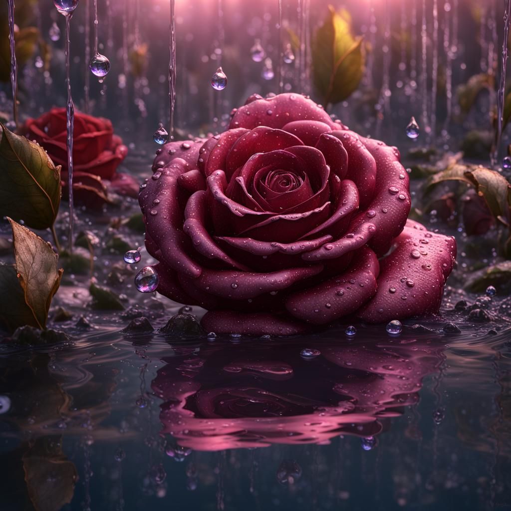 Rose Adorned with Water Droplets: Matte Painting