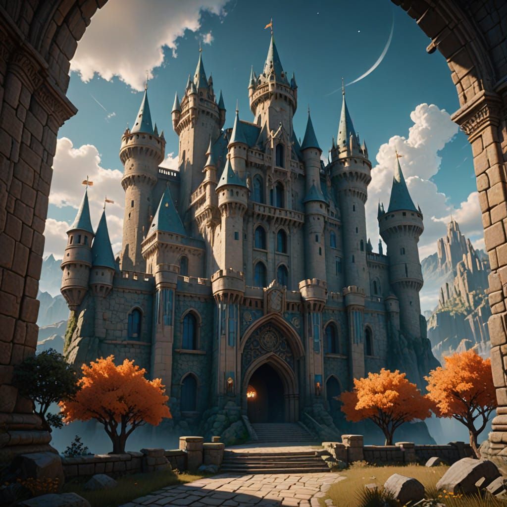 Ethereal Castle Fortress in Dreamlike Art Nouveau Style