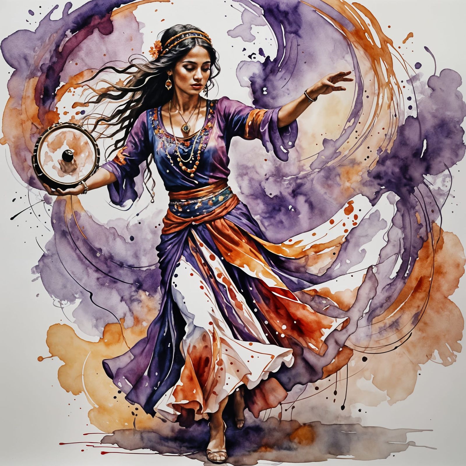 Gypsy Dancer in Fluid Ink Watercolor Style