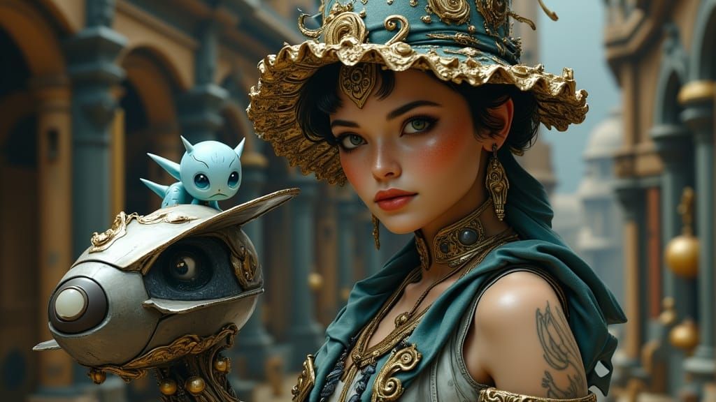 Alien Witch with Robot in Mystical City