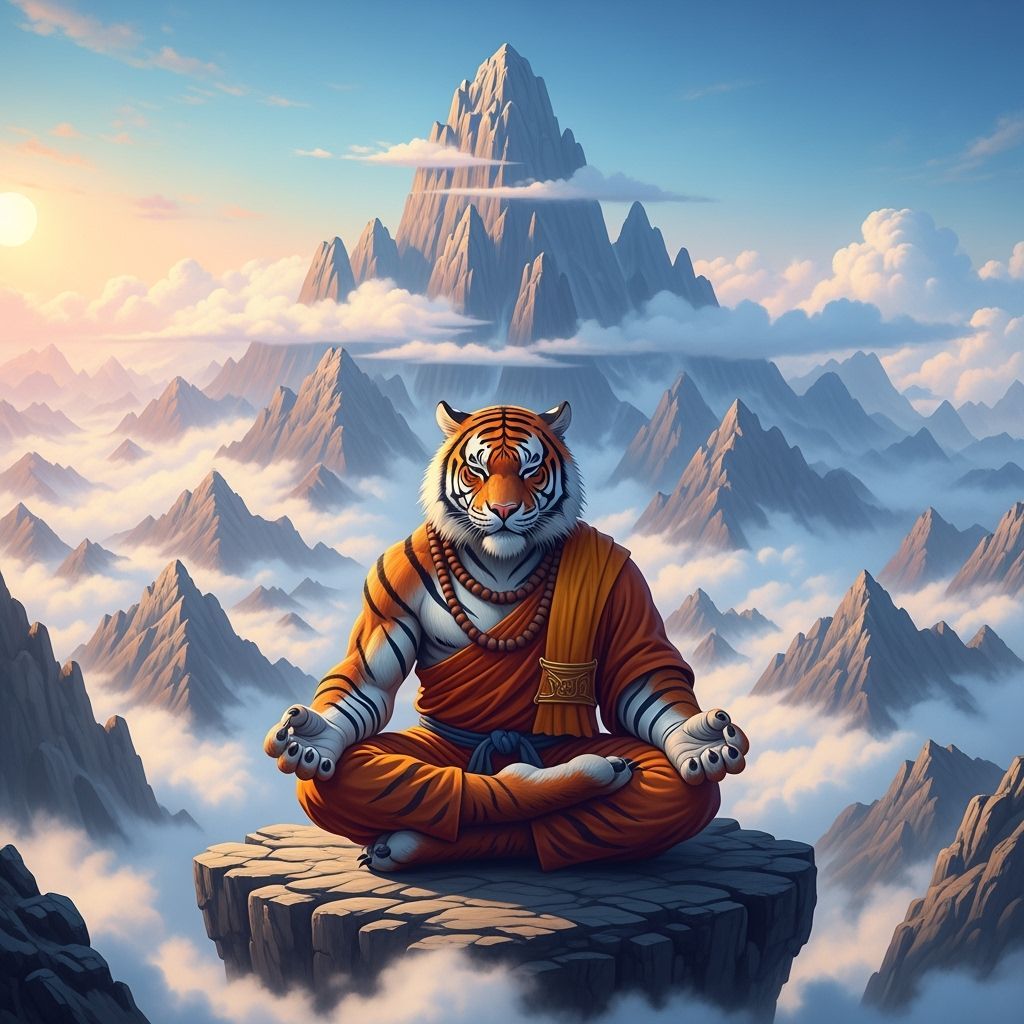 Tiger Monk Meditating on Mountain Summit in Hyperrealistic S...