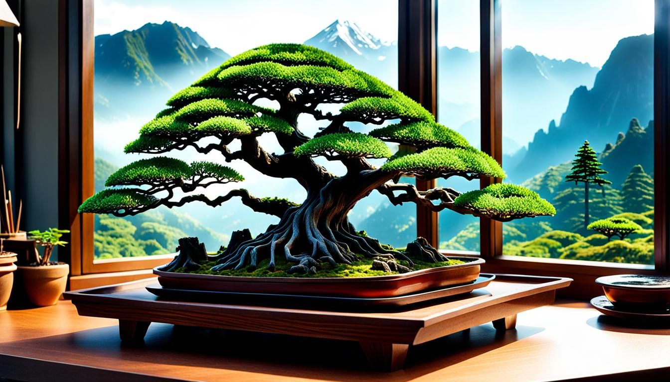 Hyperrealistic Bonsai Forest with Miniature Treehouse