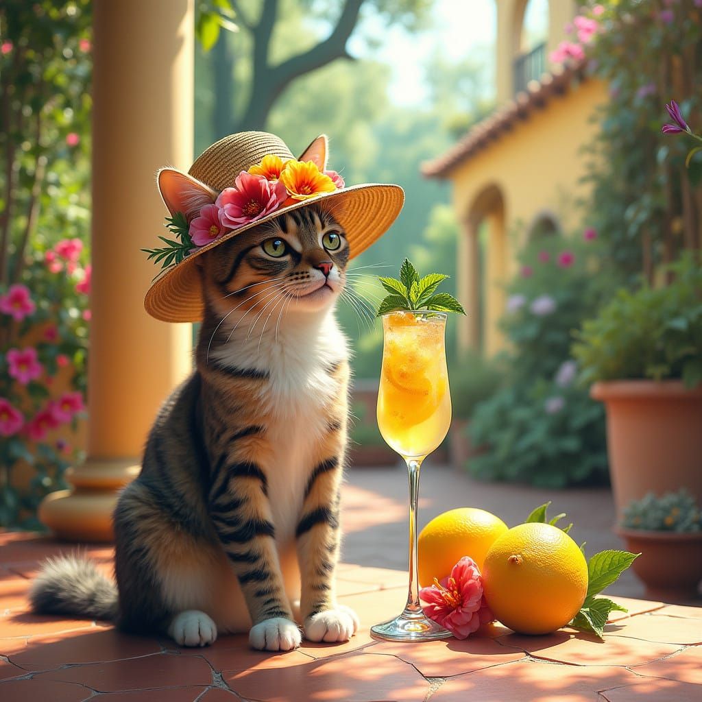 Sartorial Cat Sips Lemonade on Mediterranean Villa Terrace
