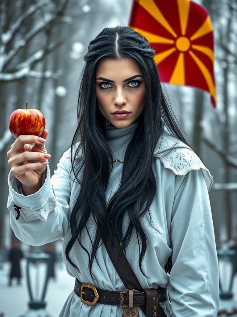 Evil Warrior Woman Waves Macedonian Flag With Apple