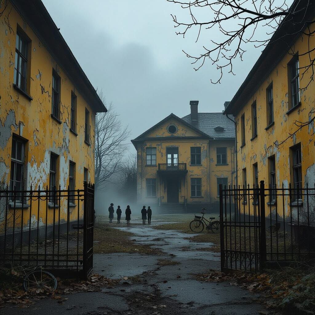Eerie Weathered School Building at Twilight