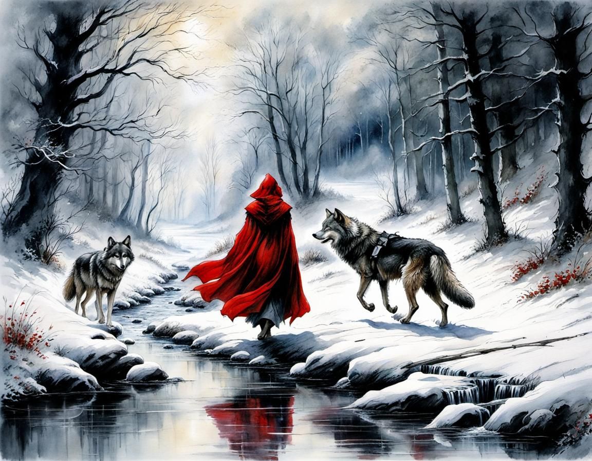 Two wolves accompanies Red Riding Hood