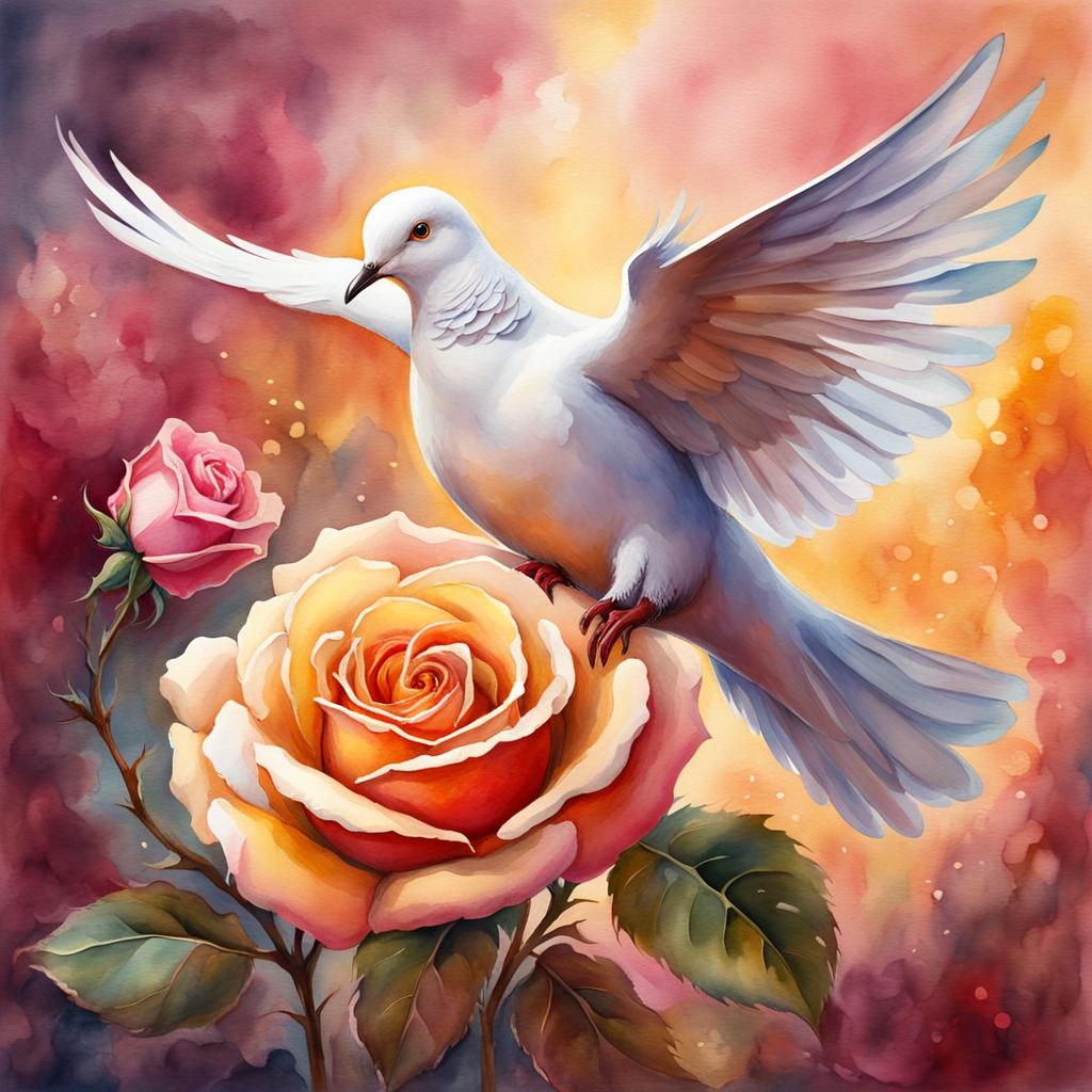 Dove Hugging Rose: Whimsical Watercolor Painting
