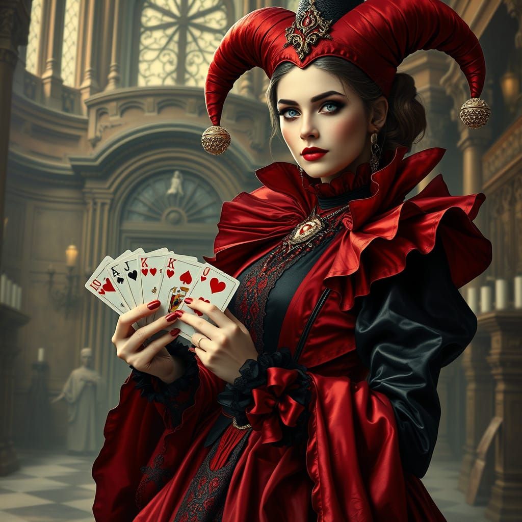 Mysterious Red and Black Court Jester in Enchanted Palace