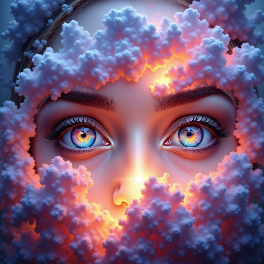 Hyperrealistic Eyes in Swirling Rainbow Cloud