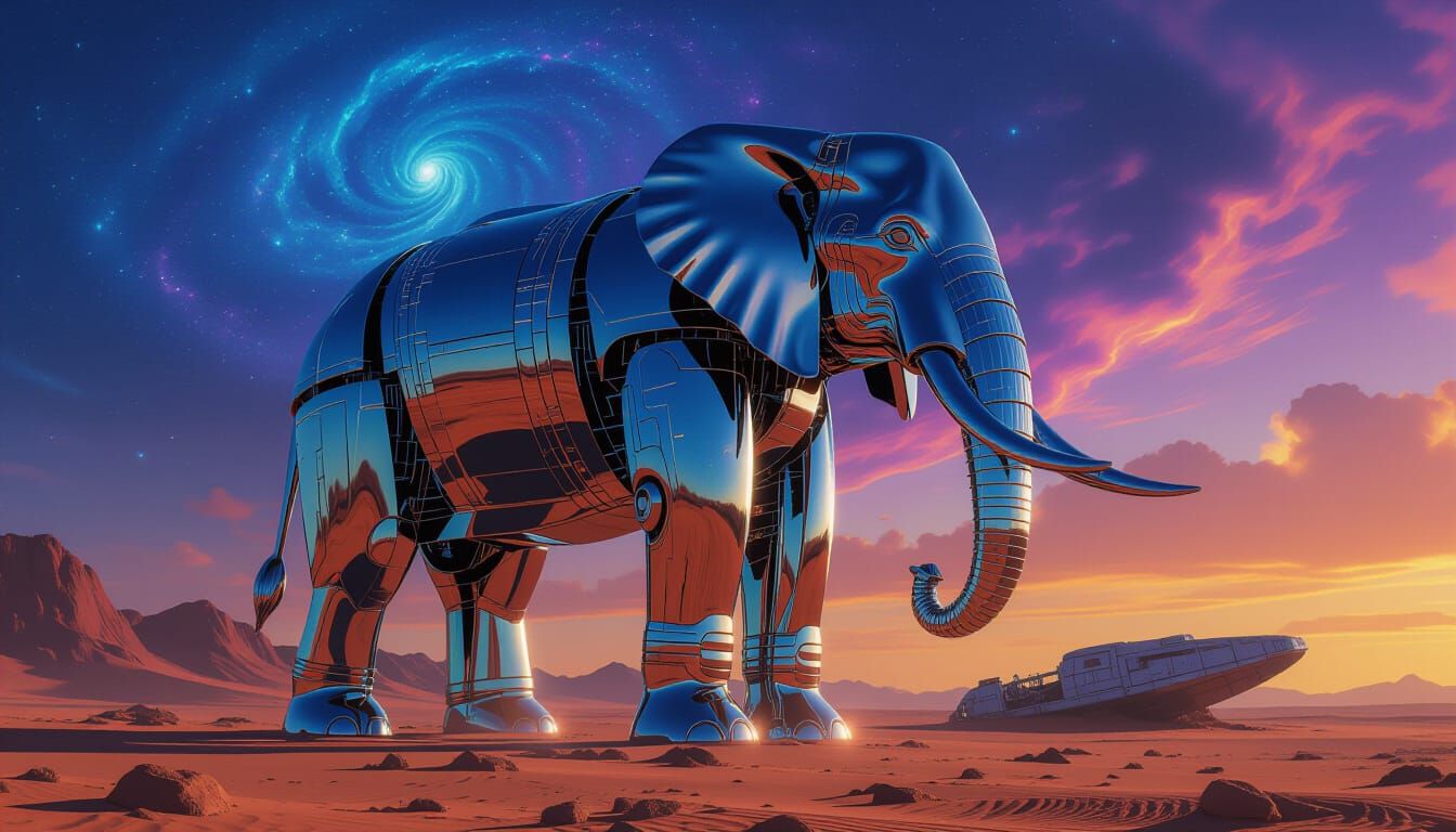 Chrome Elephant with Circuitry on Alien Planet
