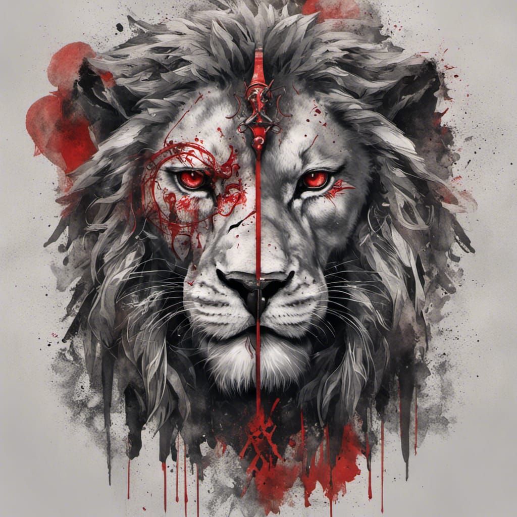 Lion Tattoo with Viking Symbol in Trash Polka Style