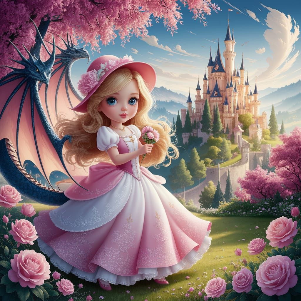 Cute Princess With Dragon Wings In A Rose Garden