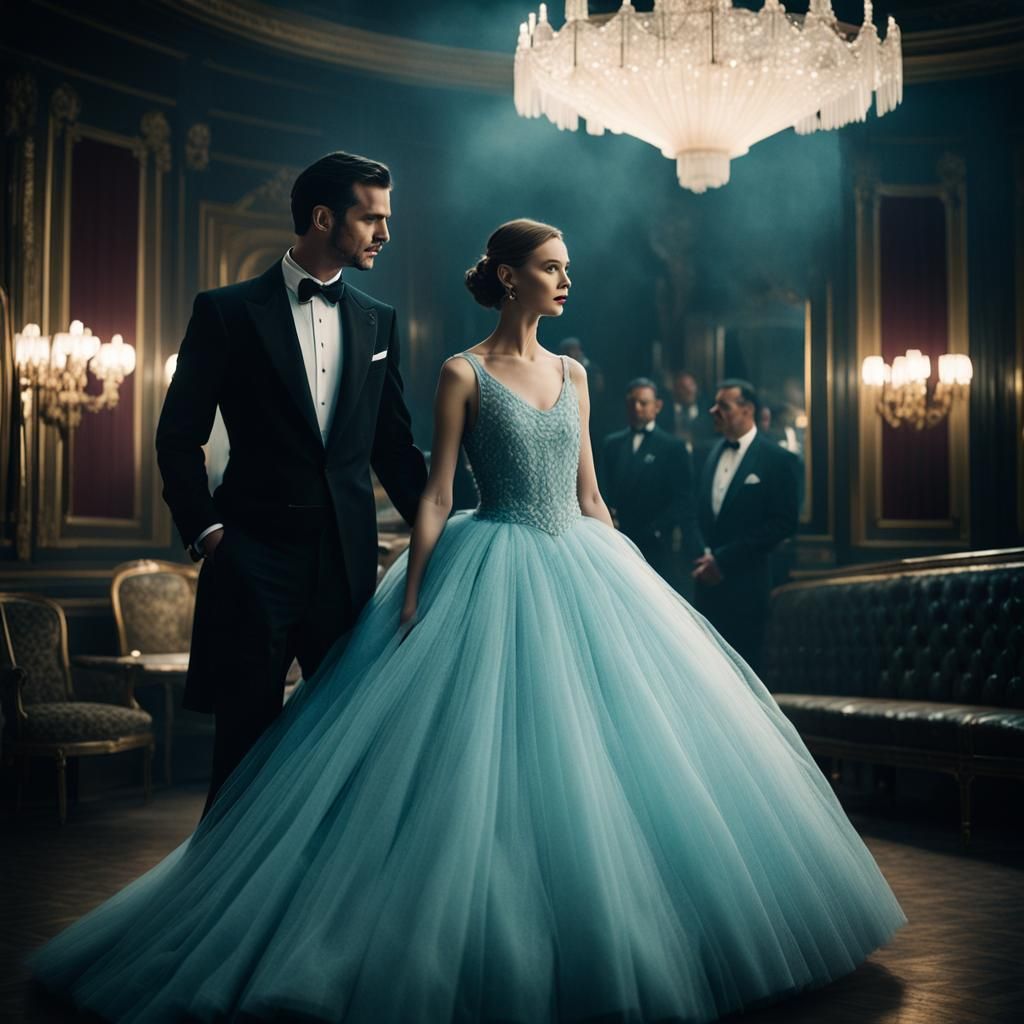 Beautiful Woman wearing a elegant lfowing tulle ballgown. Ma...