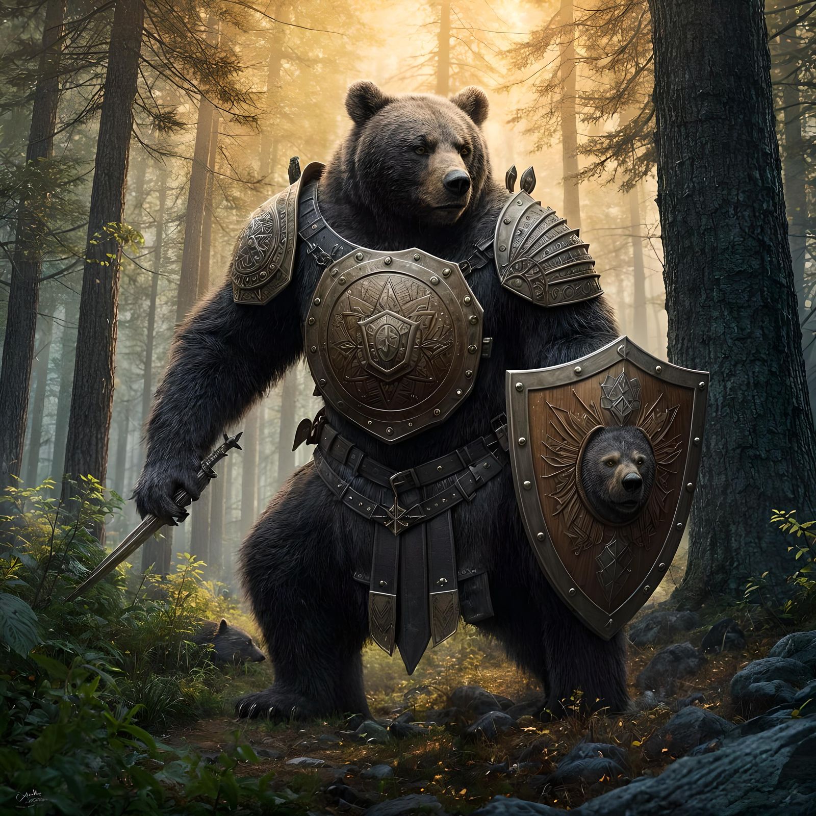Armored Bear Protecting Cubs: Epic Digital Painting