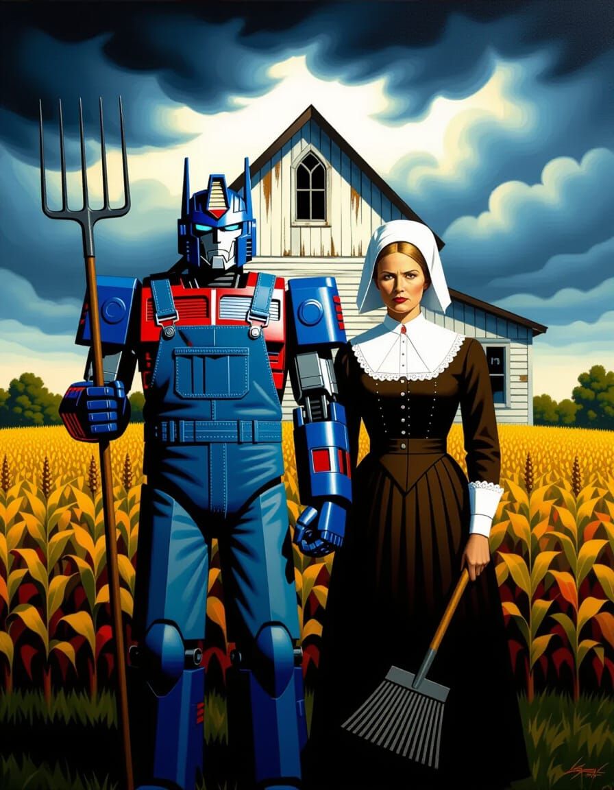 Optimus Prime and Megatron in American Gothic Style