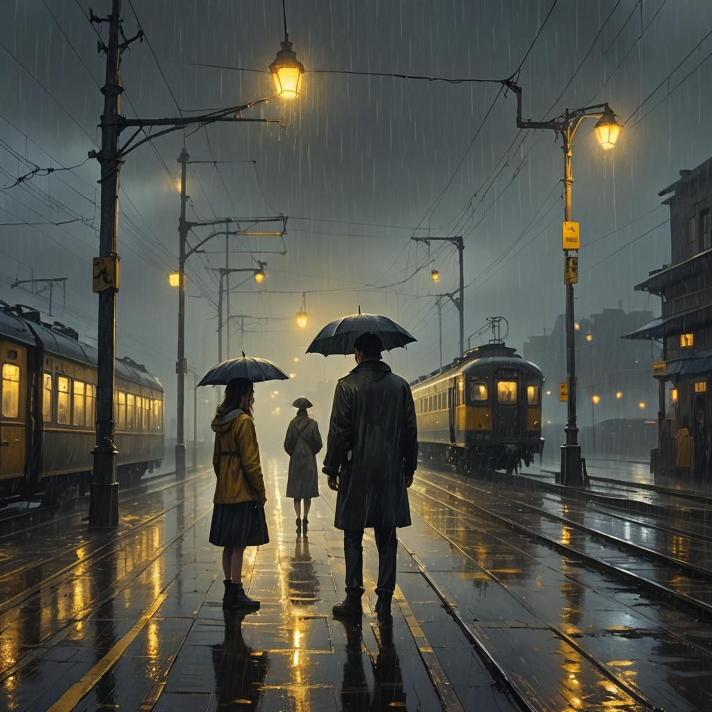 Farewell on a Train Platform in Dark Surrealism