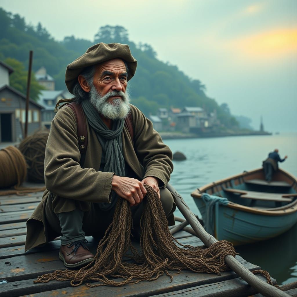 Old Fisherman Mending Net in Misty Coastal Village