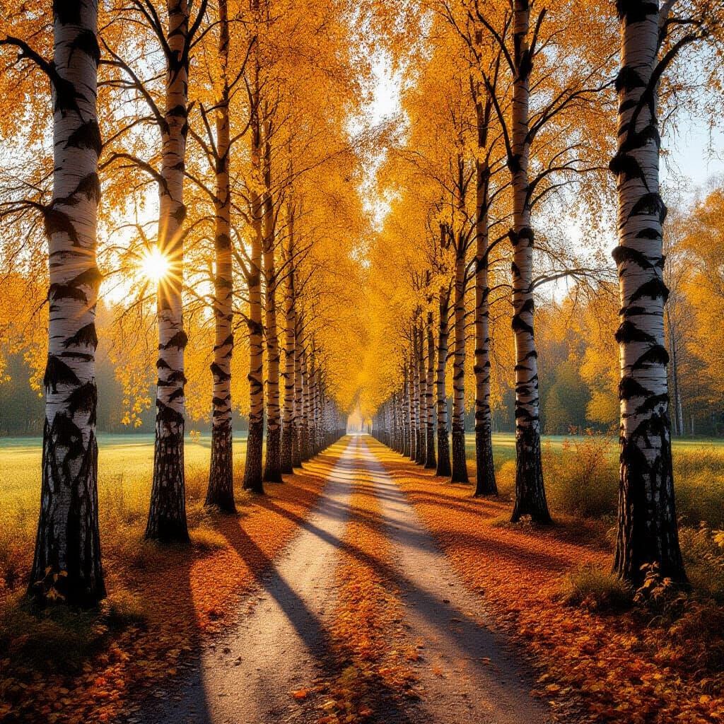 Endless Birch Avenue in Golden Autumn, Abstract Art