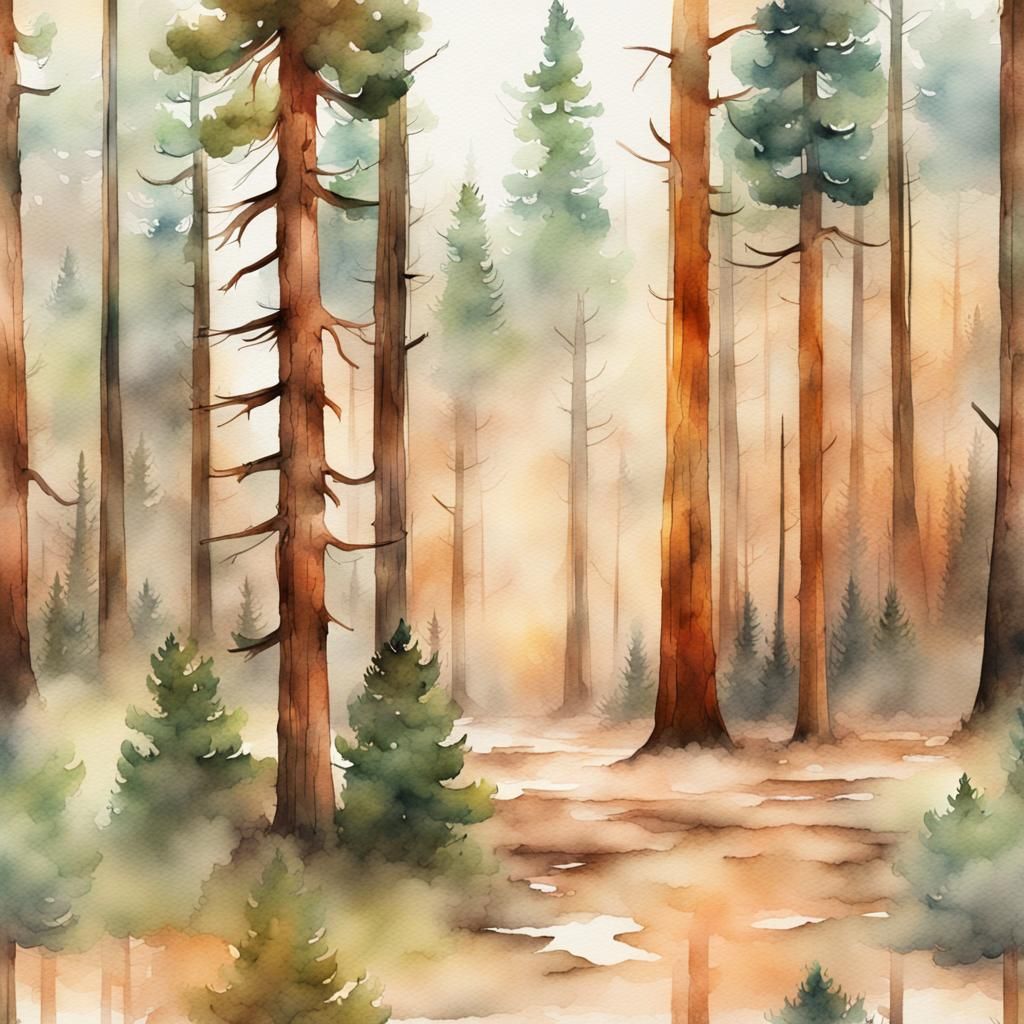 Ponderosa Pine Forest, Watercolor Illustration , Wet in Wet ...