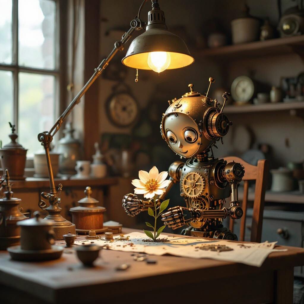Clockwork Automaton Crafts Flower in Cozy Workshop