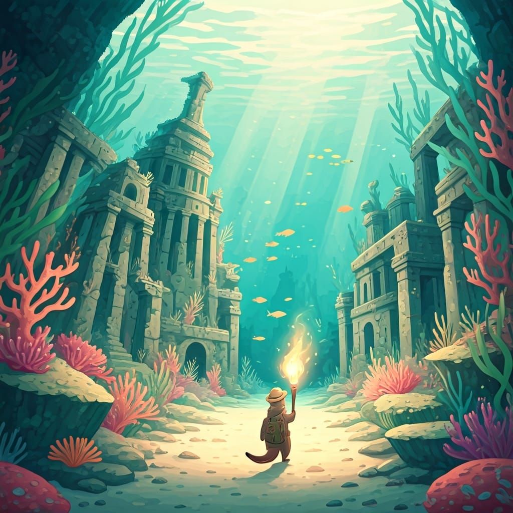 Otter Adventurer at Underwater City in Watercolor Style