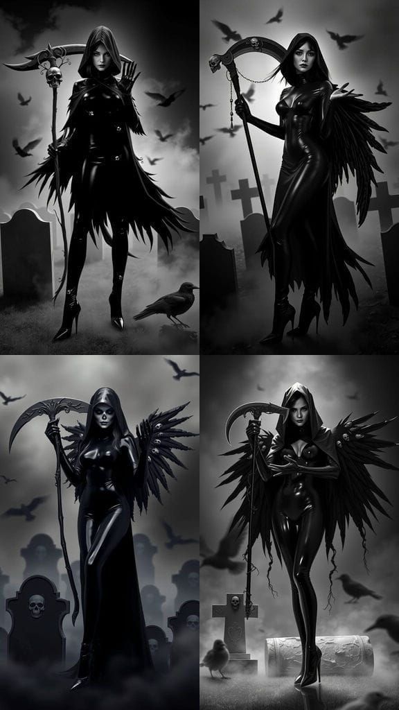 A female figure grim reaper stands in an ethereal setting, s...