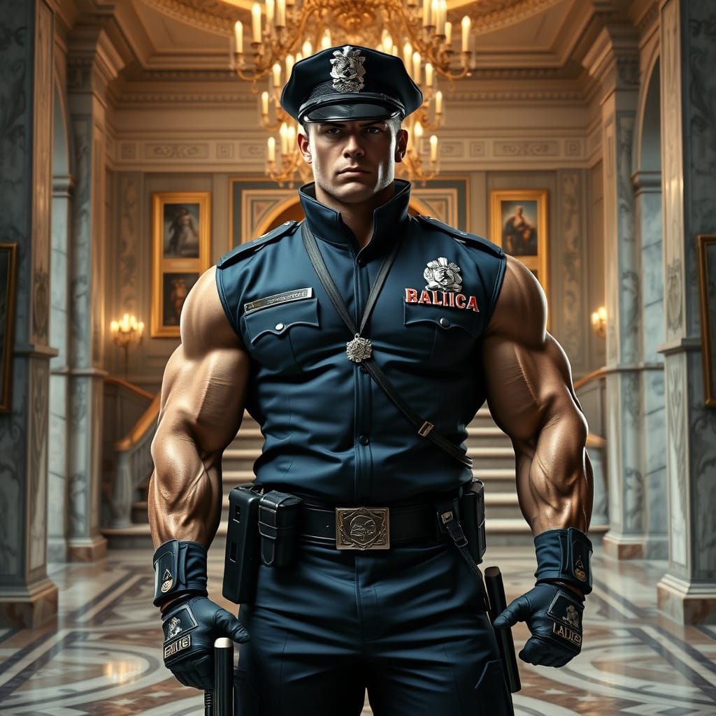 Muscular Tactical Cop in Ornate Foyer, Inspired by Hyper-Rea...