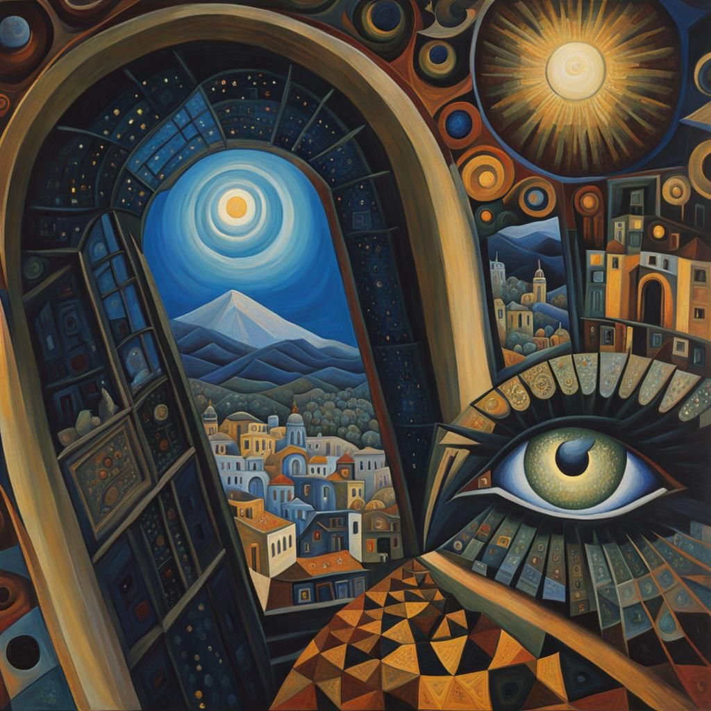 Surreal Portal Scene: Geometric Unicorn Woman