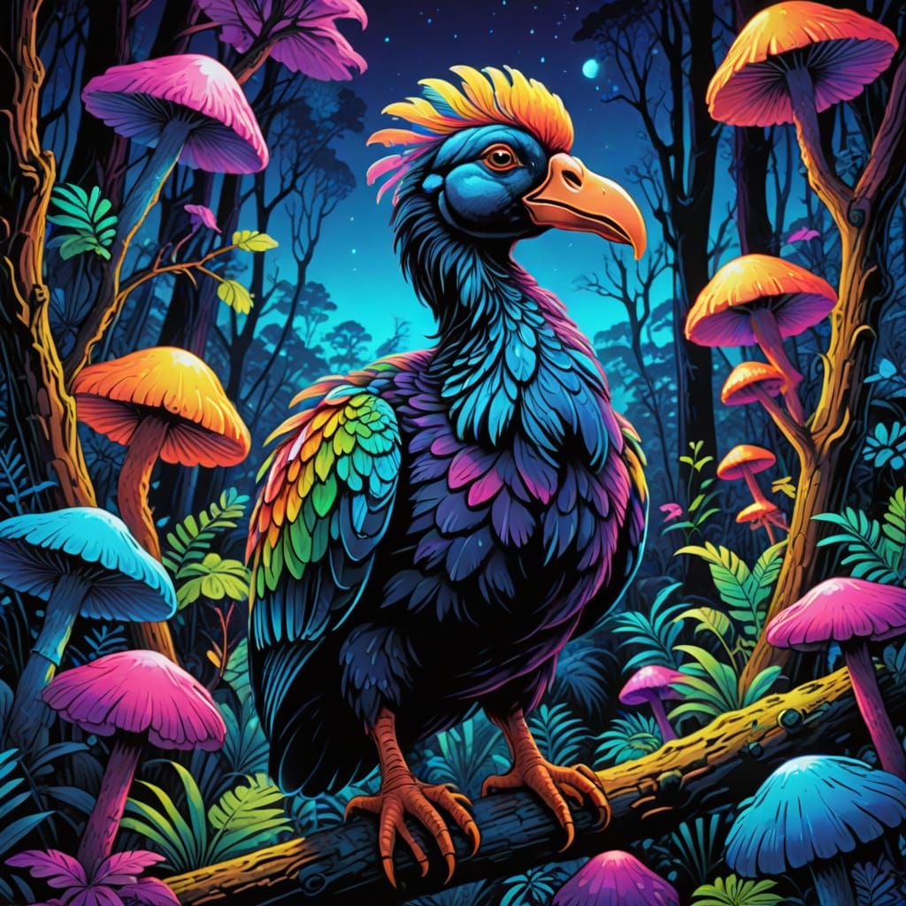 Psychedelic Dodo Bird in Bioluminescent Forest