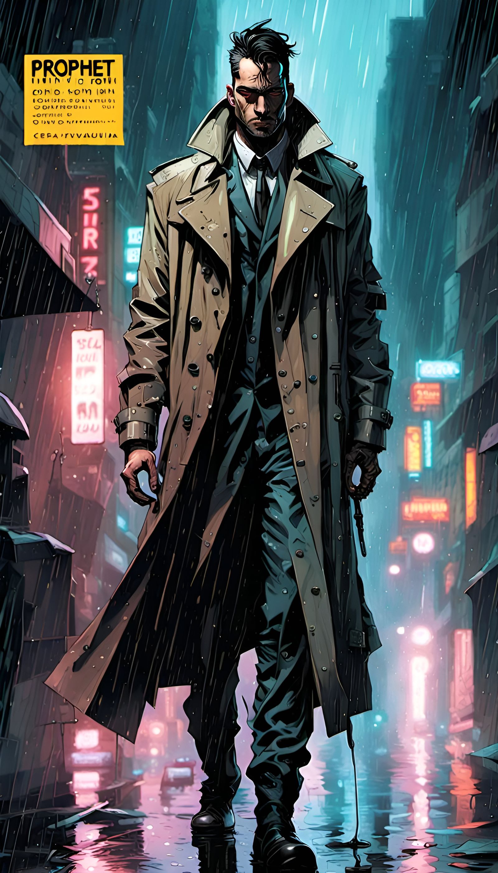 Cyberpunk Prophet in Rainy Cityscape