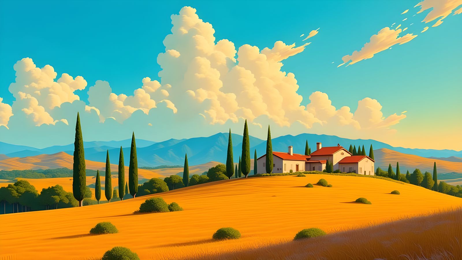 Tuscan Hills Under Aqua Sky with Gold Clouds