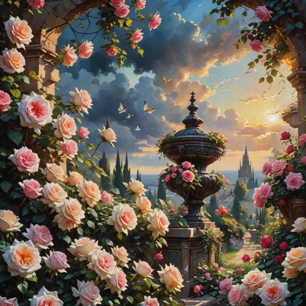 Dramatic Sky Over Lush Rose Garden