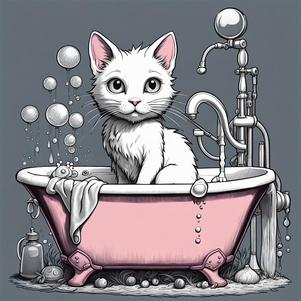 Cat in Bubble Bath: Fantasy Line Art