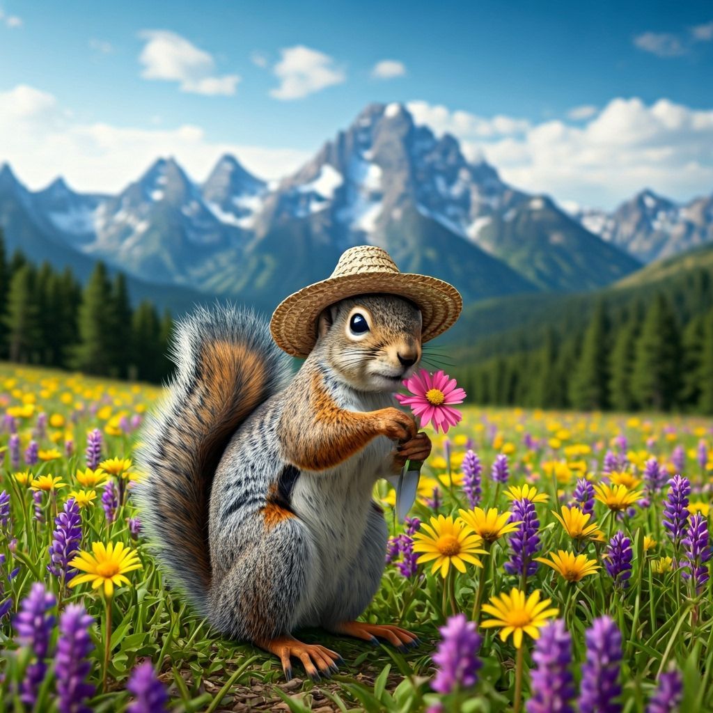 Squirrel in Farmer's Hat Picks Flowers Near Snowy Mountains