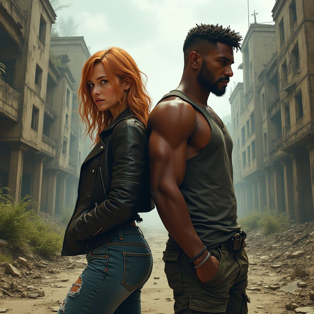 Couple Standing Back to Back in Post-Apocalyptic Wasteland