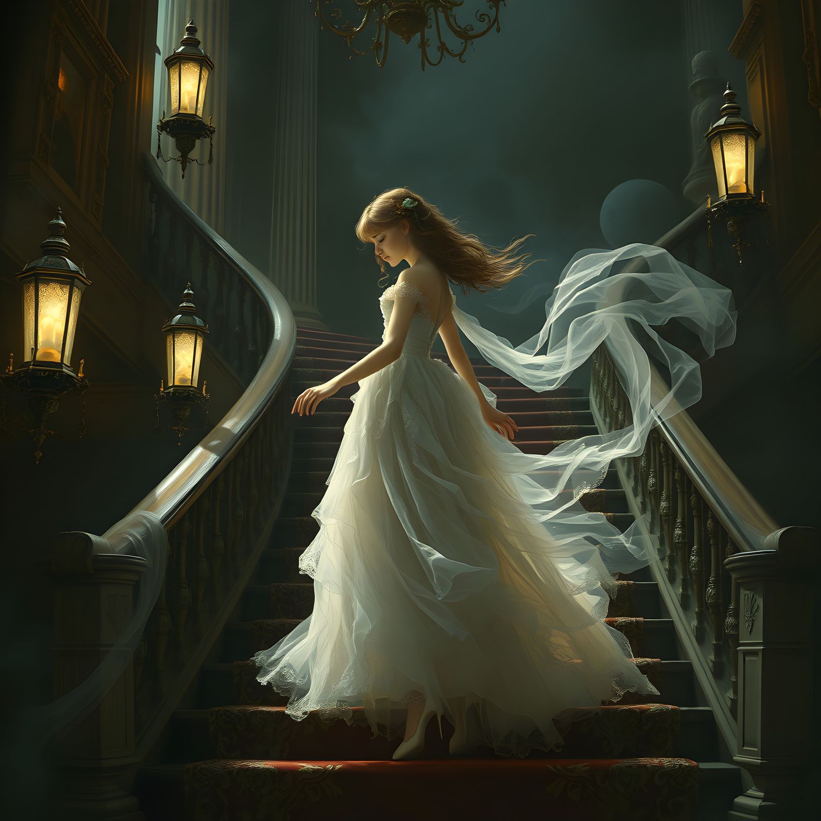Ethereal Portrait of Ghostly Girl on Staircase