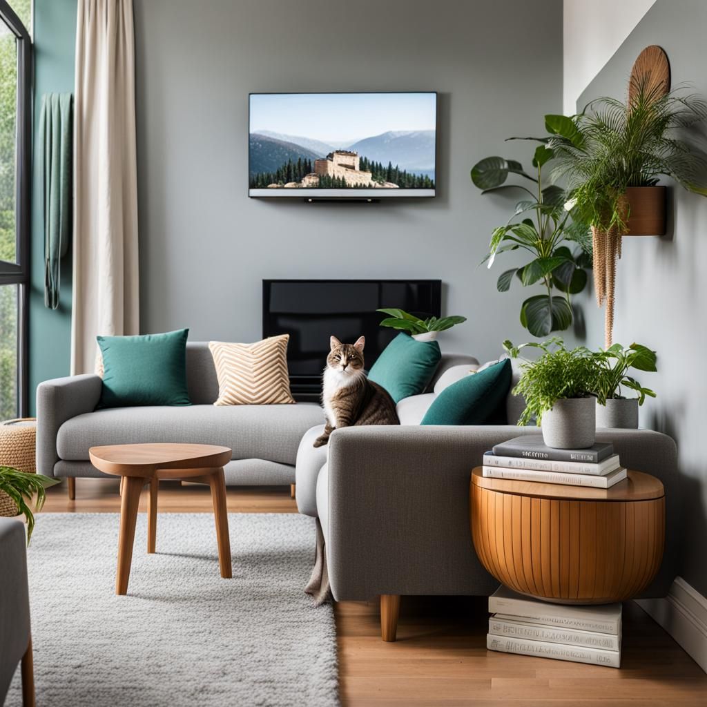 Modern Living Room with Cat on Emerald Stool