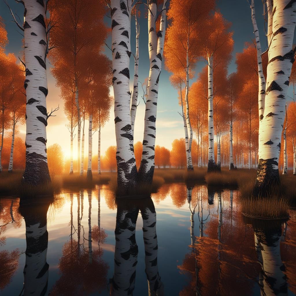 Birch Trees Reflecting Sunset: Detailed Matte Painting