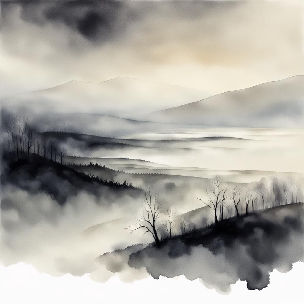 Mysterious Foggy Landscape in Watercolor