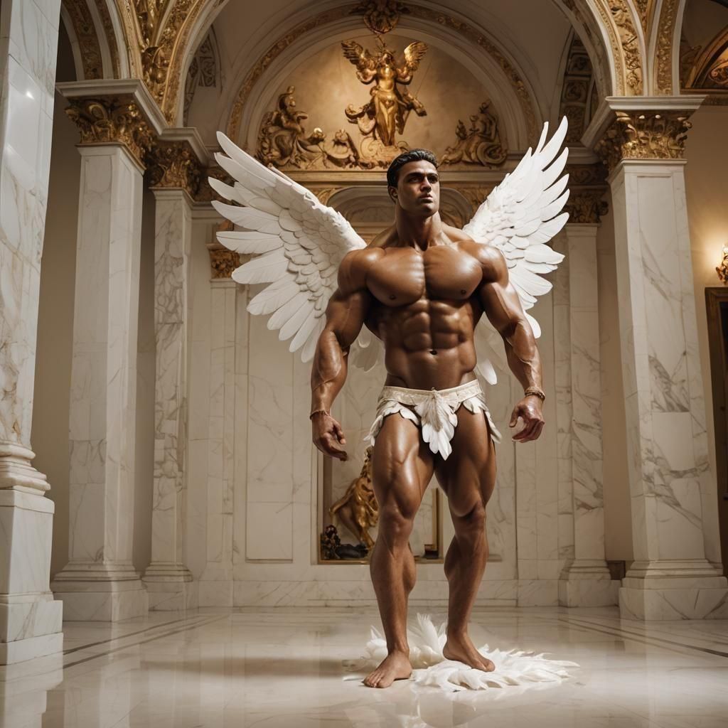 Colossal Winged Bodybuilder on Marble Floor