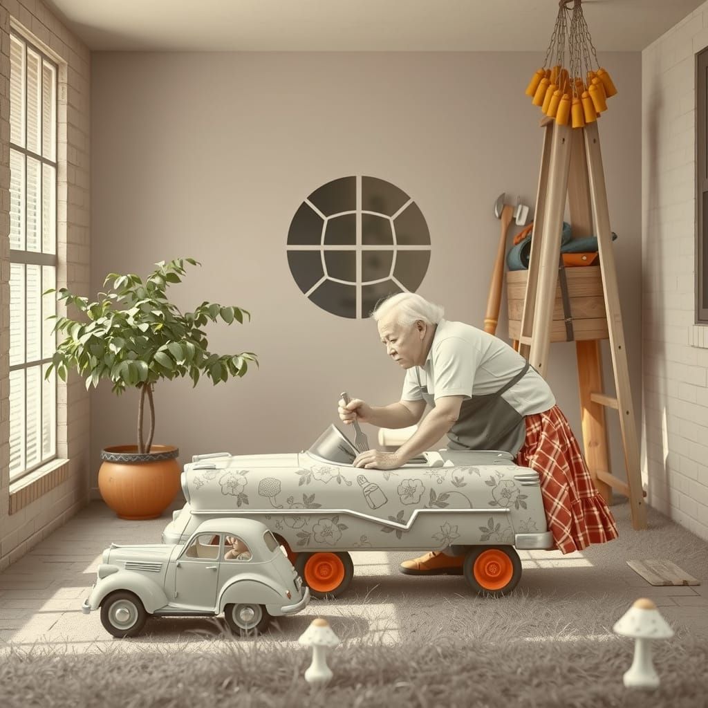 Elderly Couple Repairing Toy Car in Nostalgic Photo